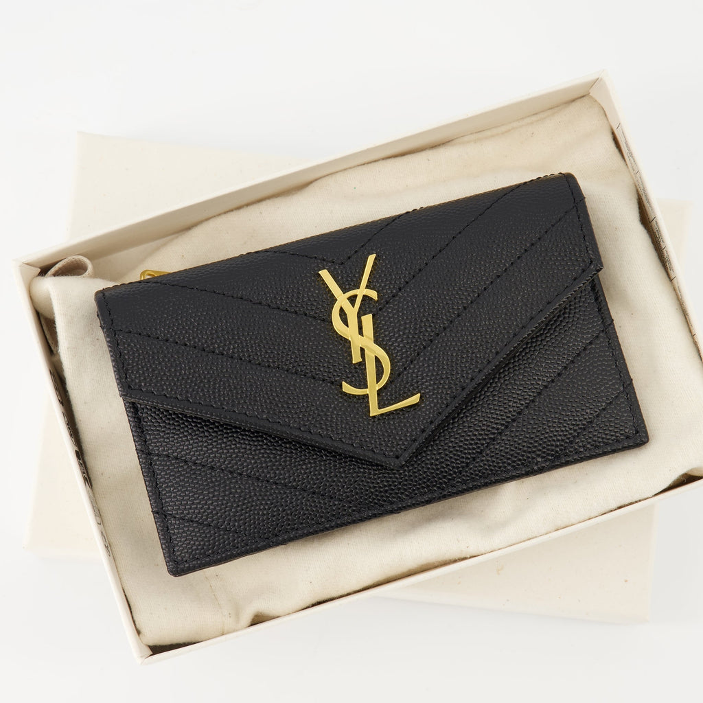 black cardholder, Saint Laurent, textured leather accessory, YSL logo, luxury cardholder