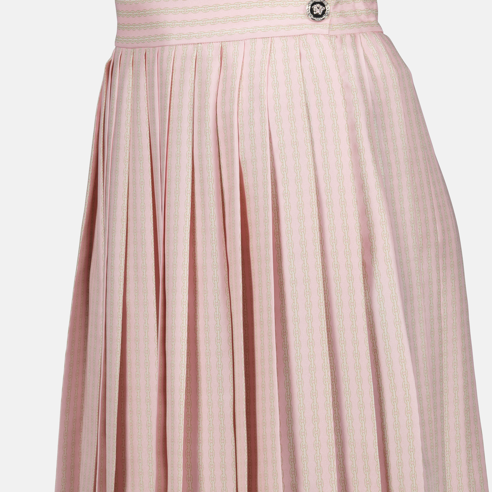 pleated silk skirt, Versace skirt, pink silk skirt, Medusa button skirt, luxury clothing