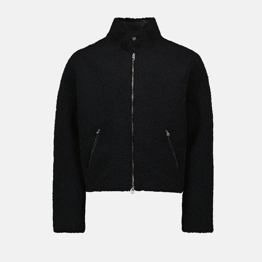 Black bomber jacket, Autumn-Winter 2024, fleece bomber, faux leather accents, long buttoned collar