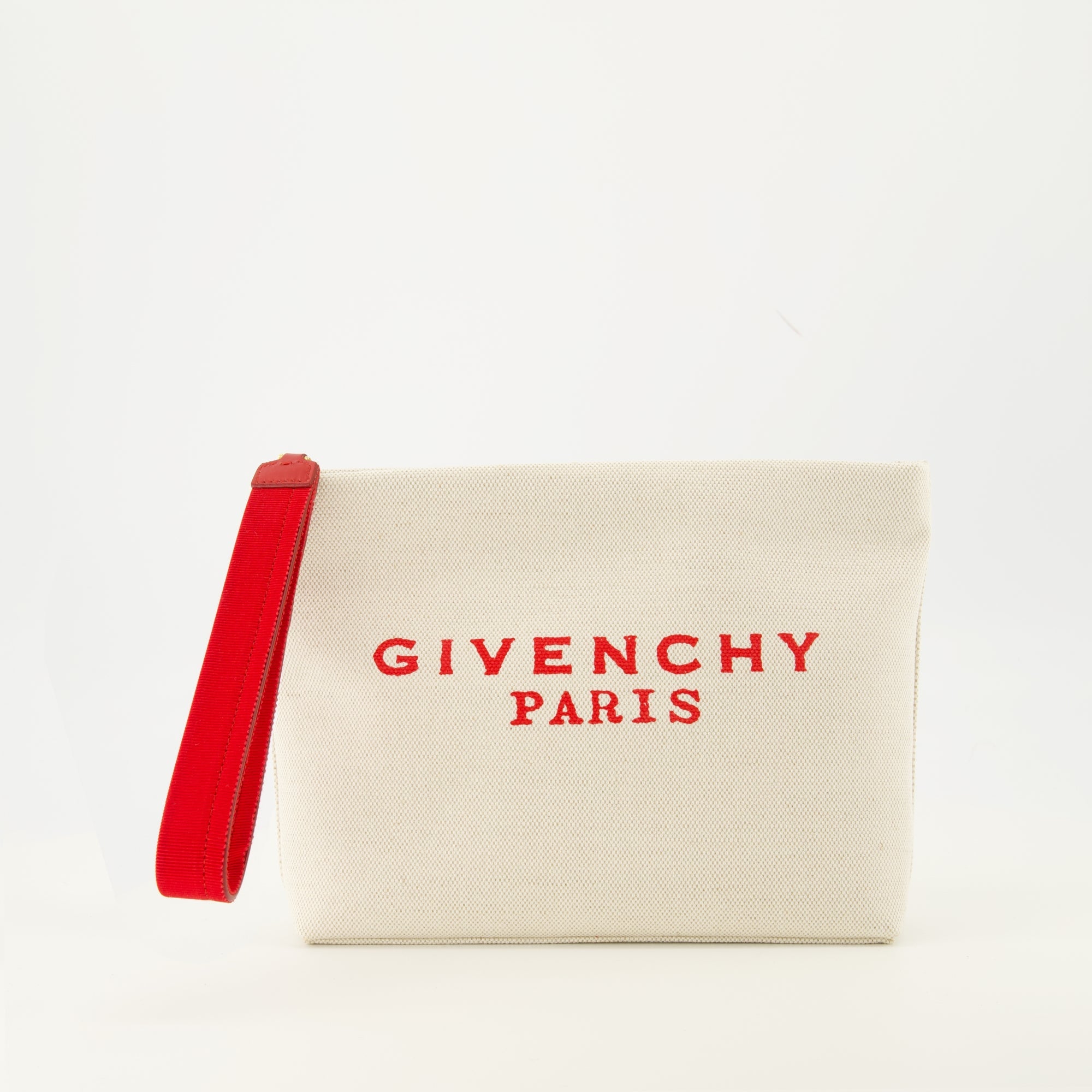 Givenchy pouch, beige canvas accessory, designer pouch, zip closure bag, fashion essentials