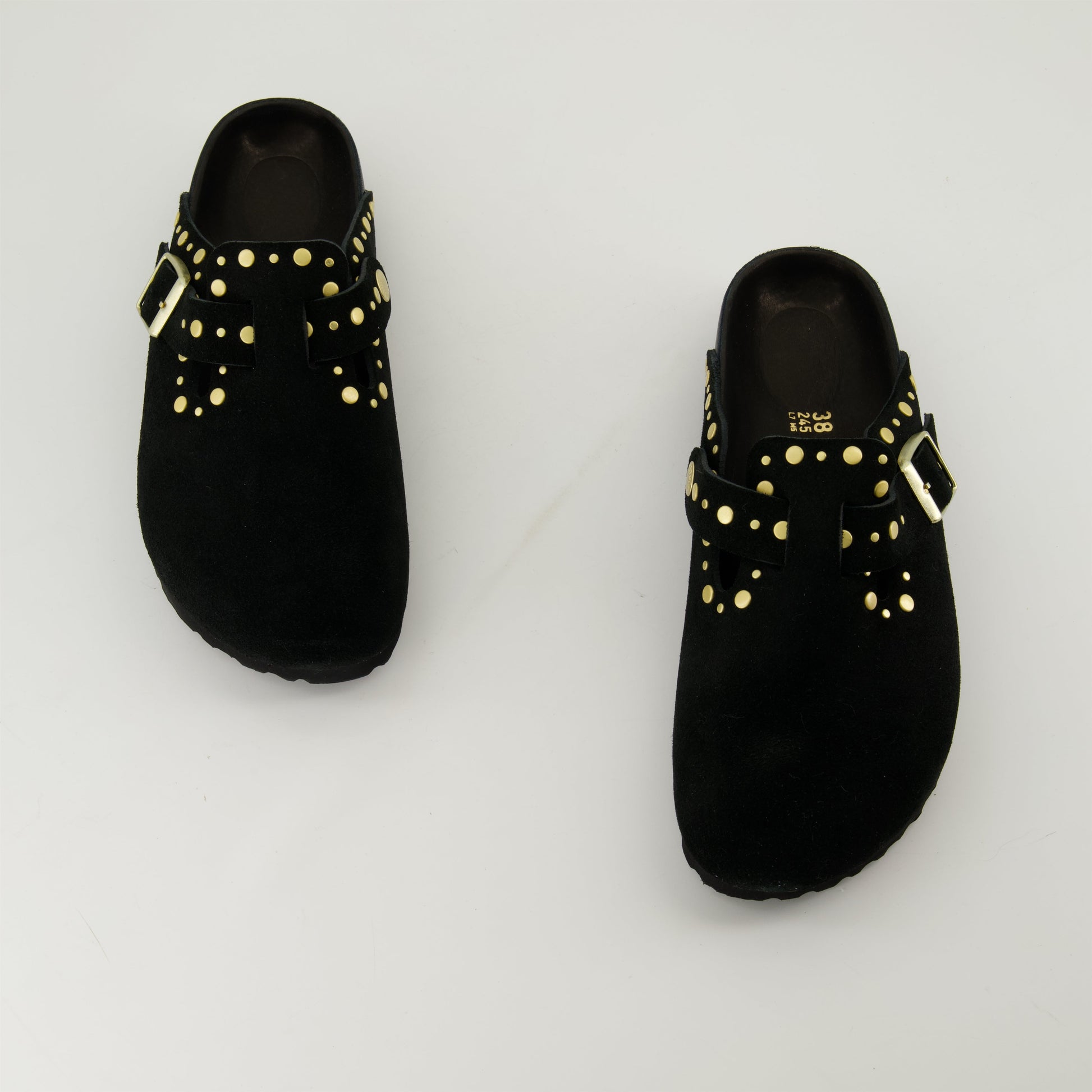 suede mules, gold studded mules, Boston mules, slip-on shoes, anatomical footbed