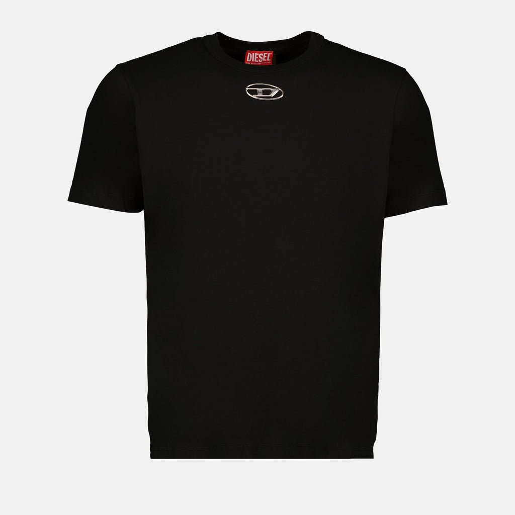 Oval Logo T-Shirt, Cotton Black Tee, Diesel Men's Wear, Embossed Logo Shirt, Autumn-Winter Collection