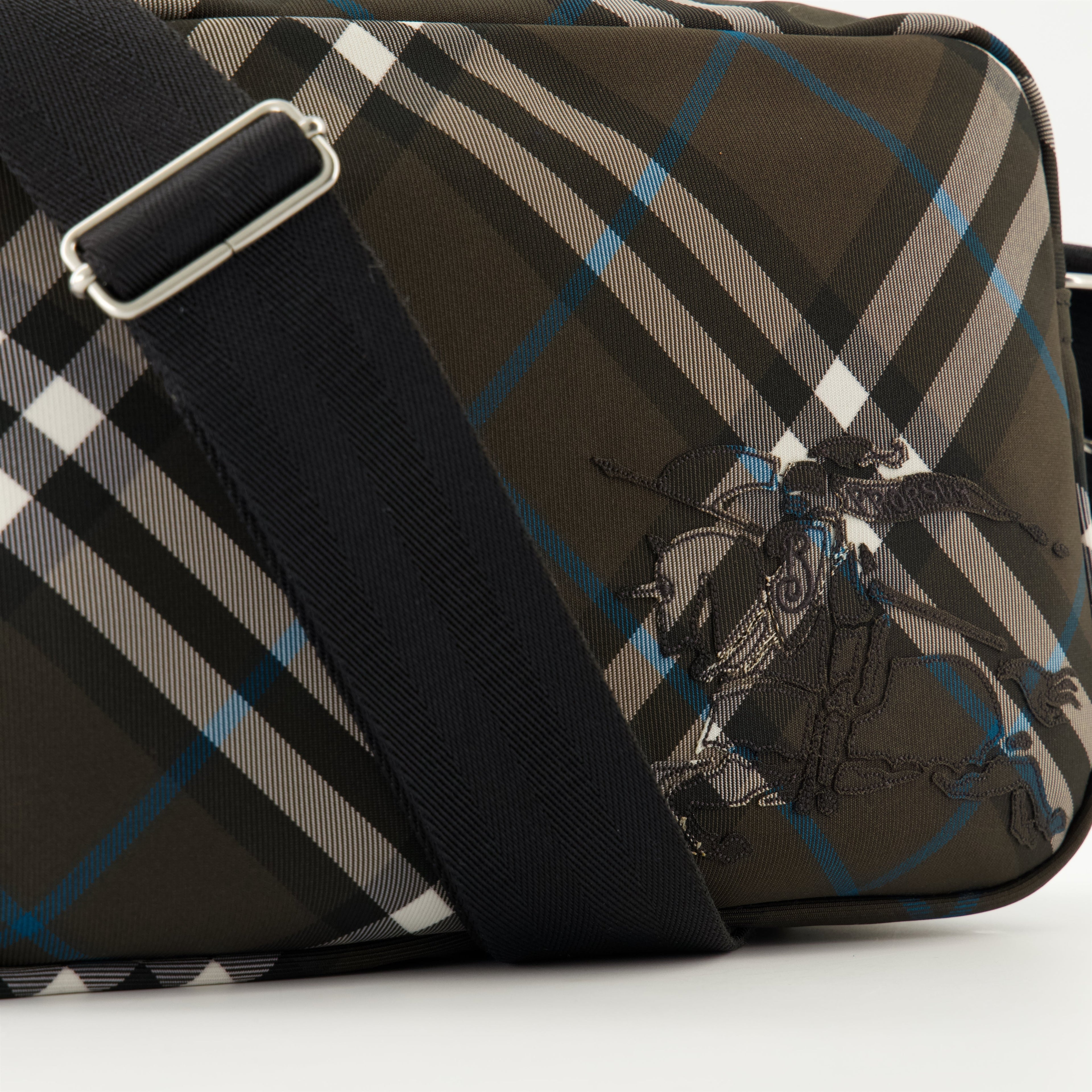 Burberry bag, check pattern bag, grey bag, designer accessories, Equestrian Knight emblem