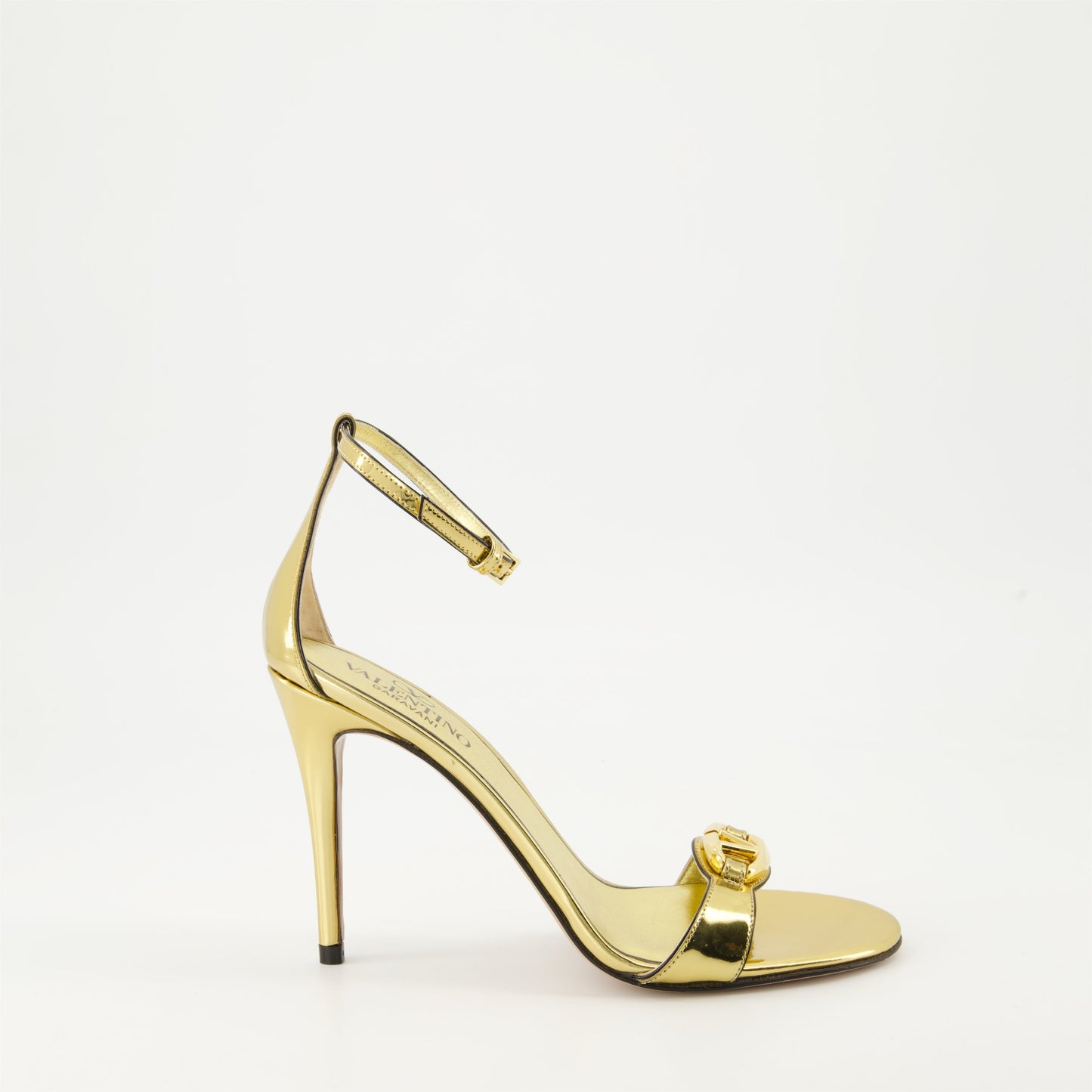 Gold leather heeled sandals, VLogo sandals, Valentino Garavani footwear, luxury open toe sandals, high-end leather shoes