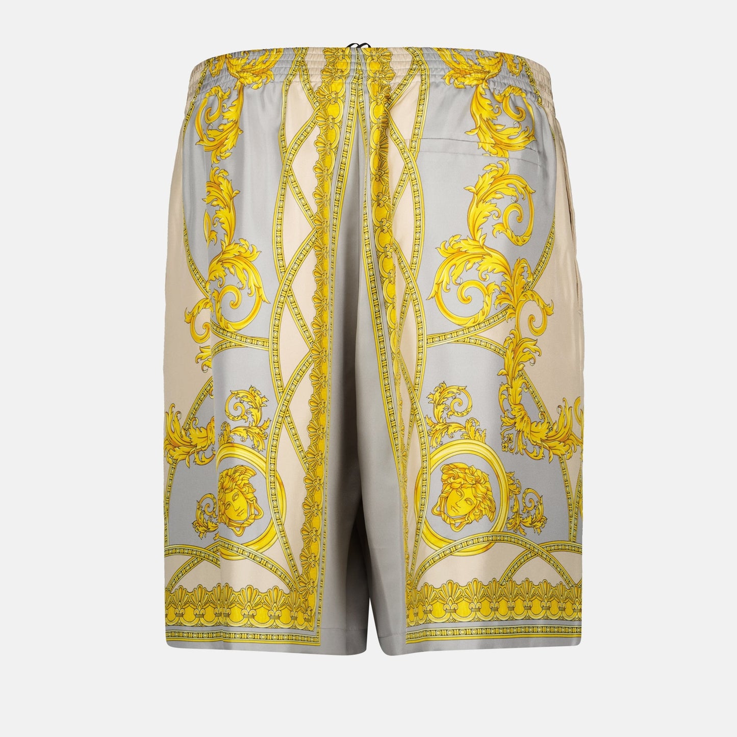 silk shorts, Greek mythology print, Autumn-Winter 2024, luxury menswear, premium silk