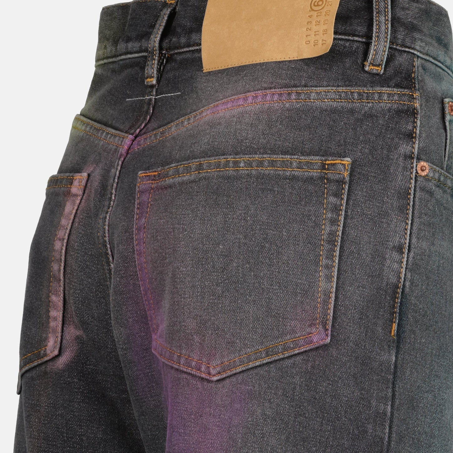 distressed denim jeans, grey and violet jeans, MM6 jeans, wide-leg denim, autumn-winter fashion