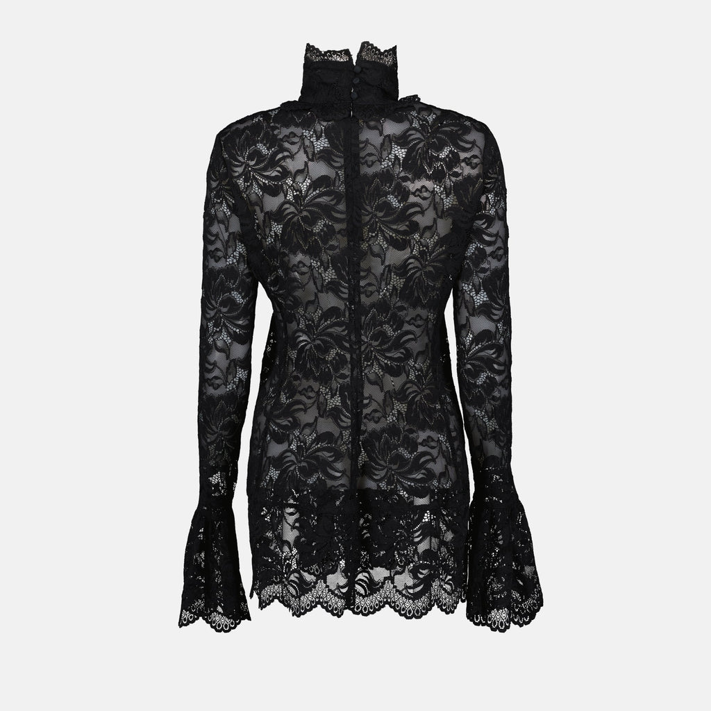 Black lace blouse, Rabanne Autumn-Winter, elegant lace top, high collar blouse, women's fashion