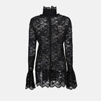 Black lace blouse, Rabanne Autumn-Winter, elegant lace top, high collar blouse, women's fashion