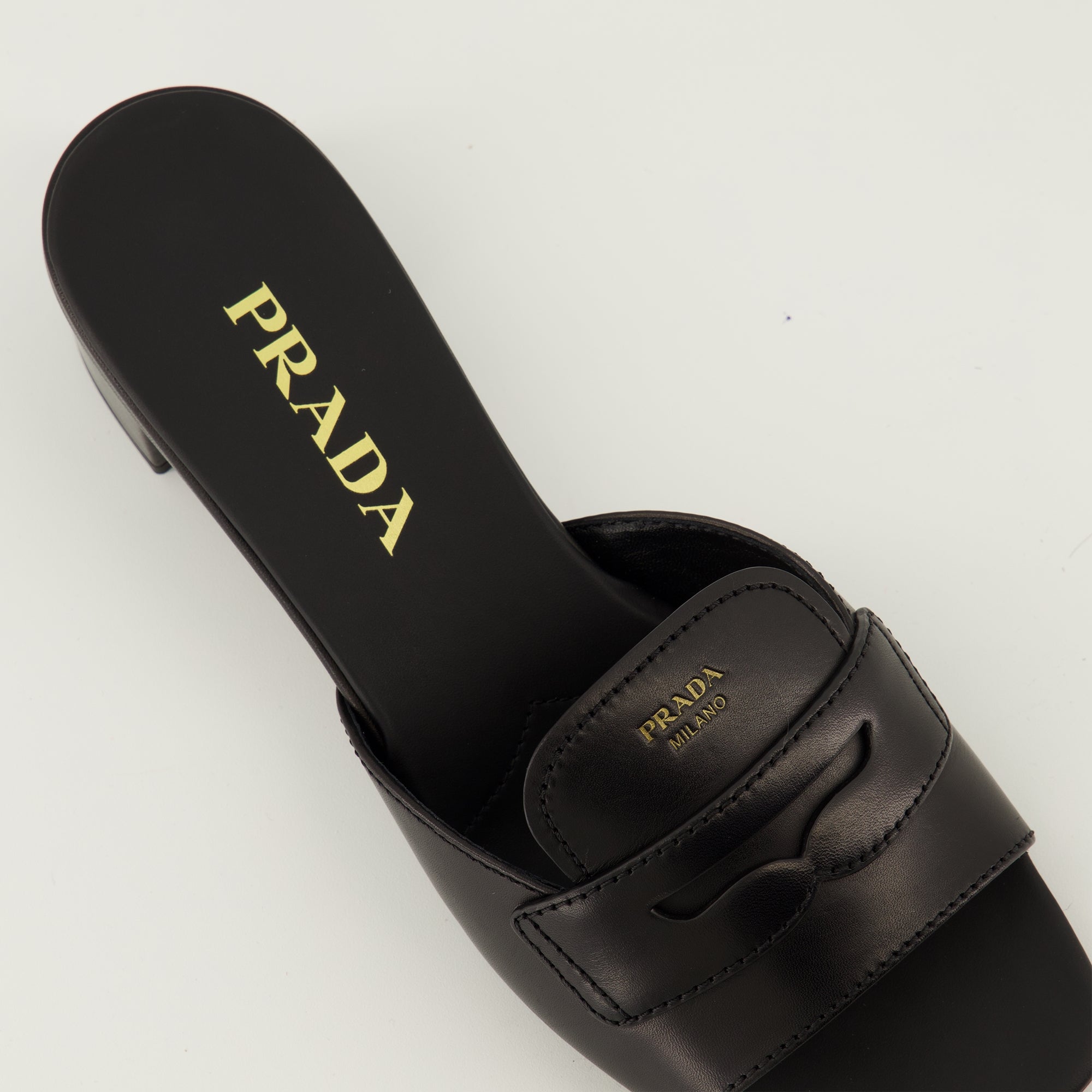 black leather mules, Prada footwear, Spring-Summer 2026 collection, square toe mules, luxury footwear