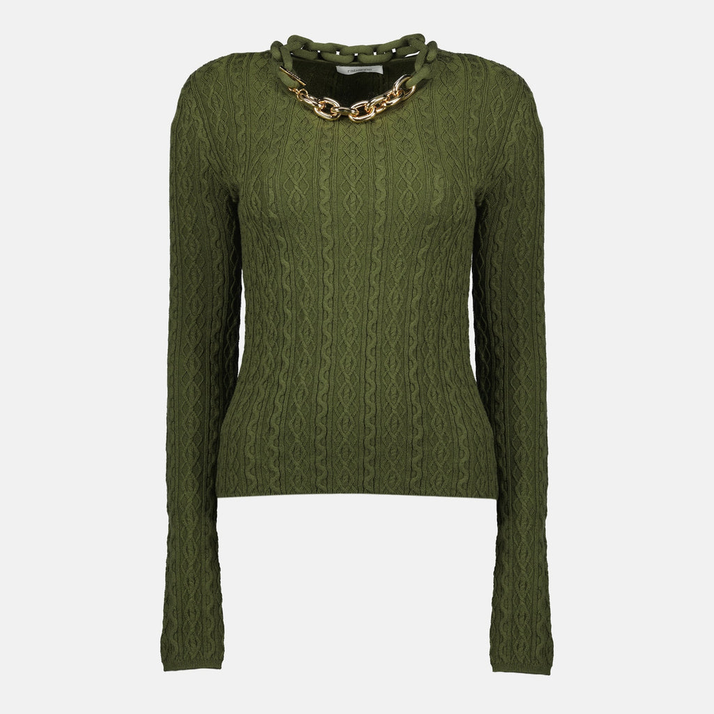 Kaki wool sweater, Rabanne knitwear, Autumn-Winter collection, modern collar detail, ribbed knit fashion