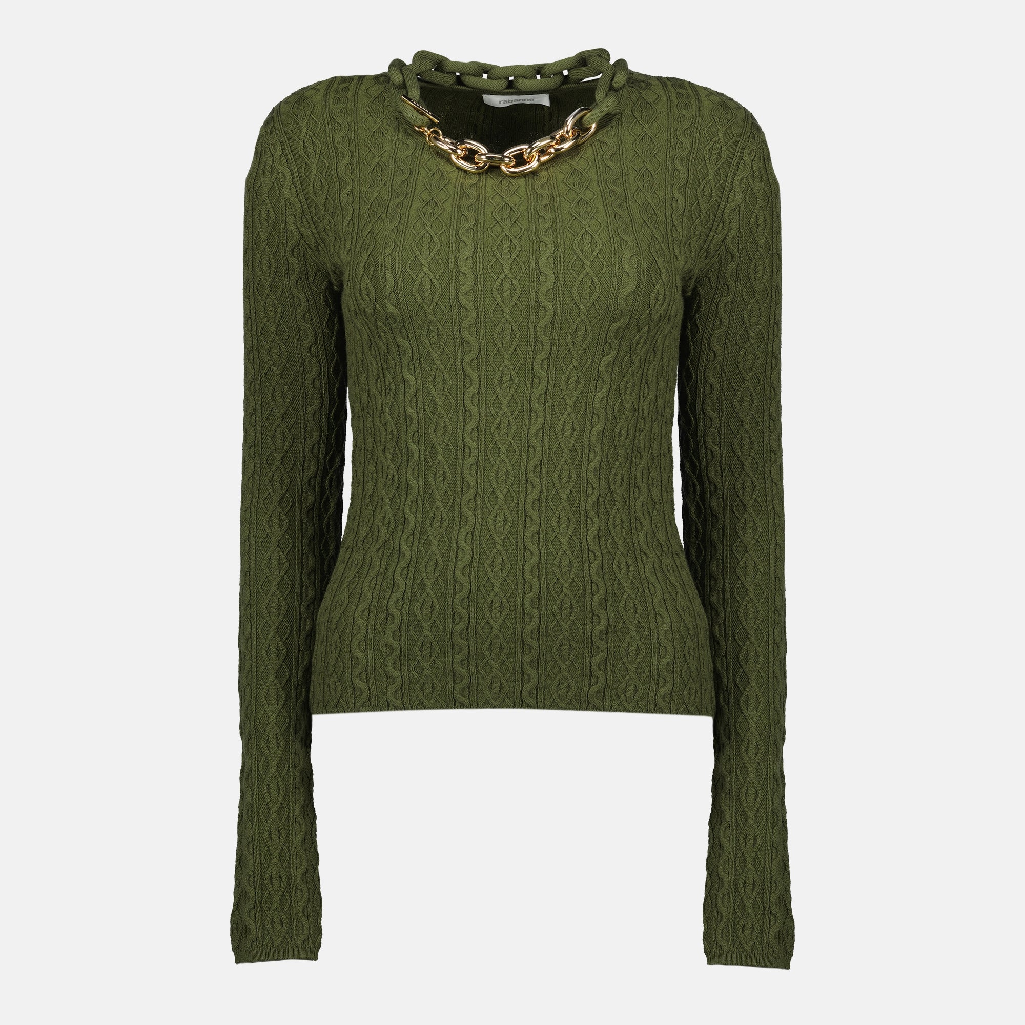 Kaki wool sweater, Rabanne knitwear, Autumn-Winter collection, modern collar detail, ribbed knit fashion