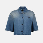 Image of Blue Denim Short Shirt by Prada for Women - Season Autumn-Winter 2025 - Front View