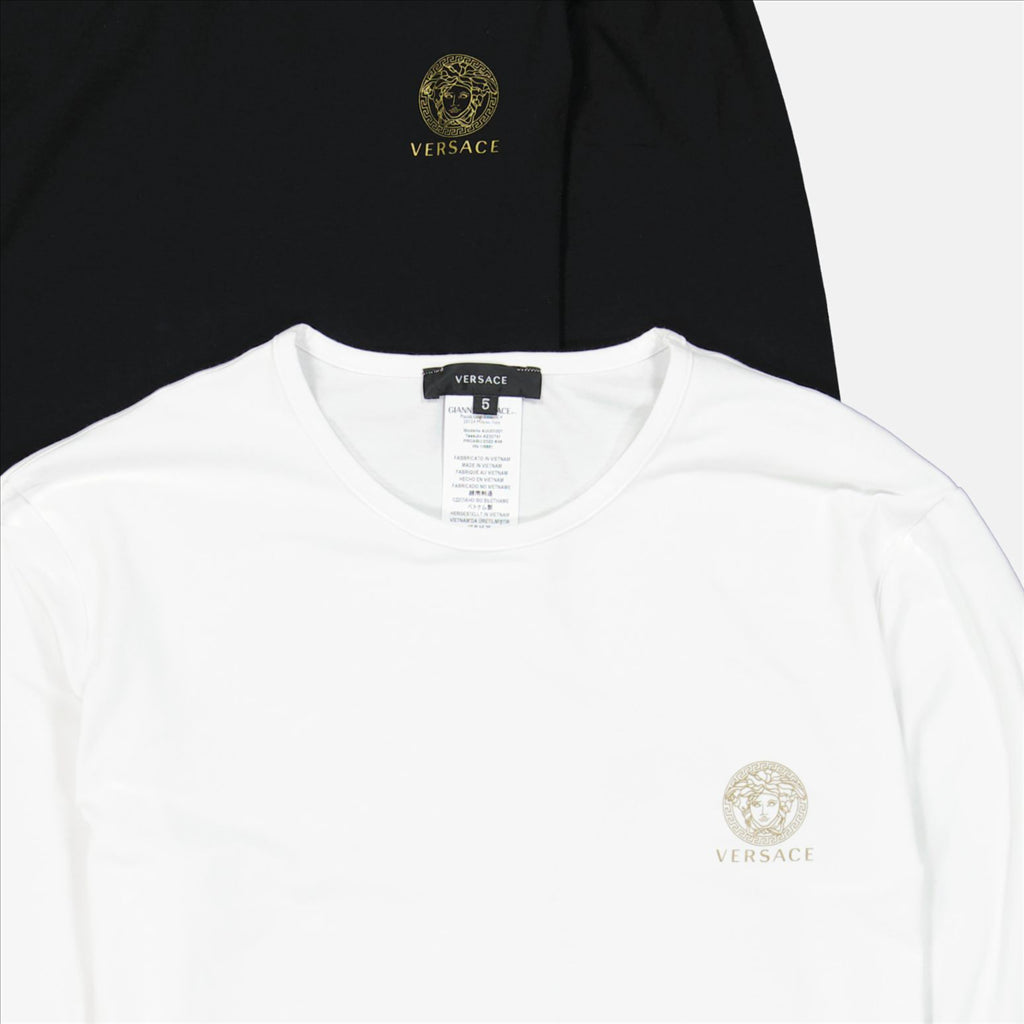 Versace T-shirt, black logo, white cotton, timeless elegance, luxury fashion