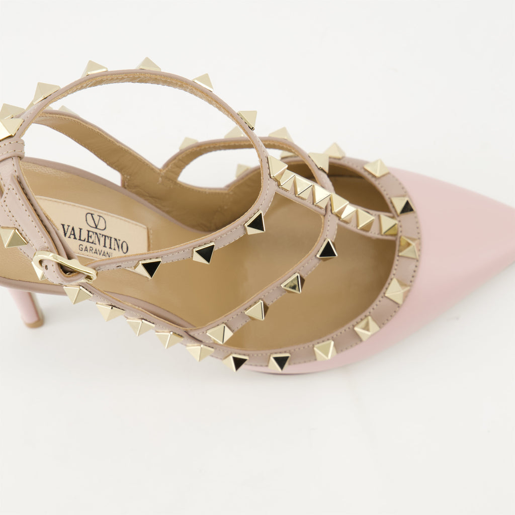 Rockstud heels, pink leather shoes, Valentino Garavani, elegant footwear, ankle strap heels