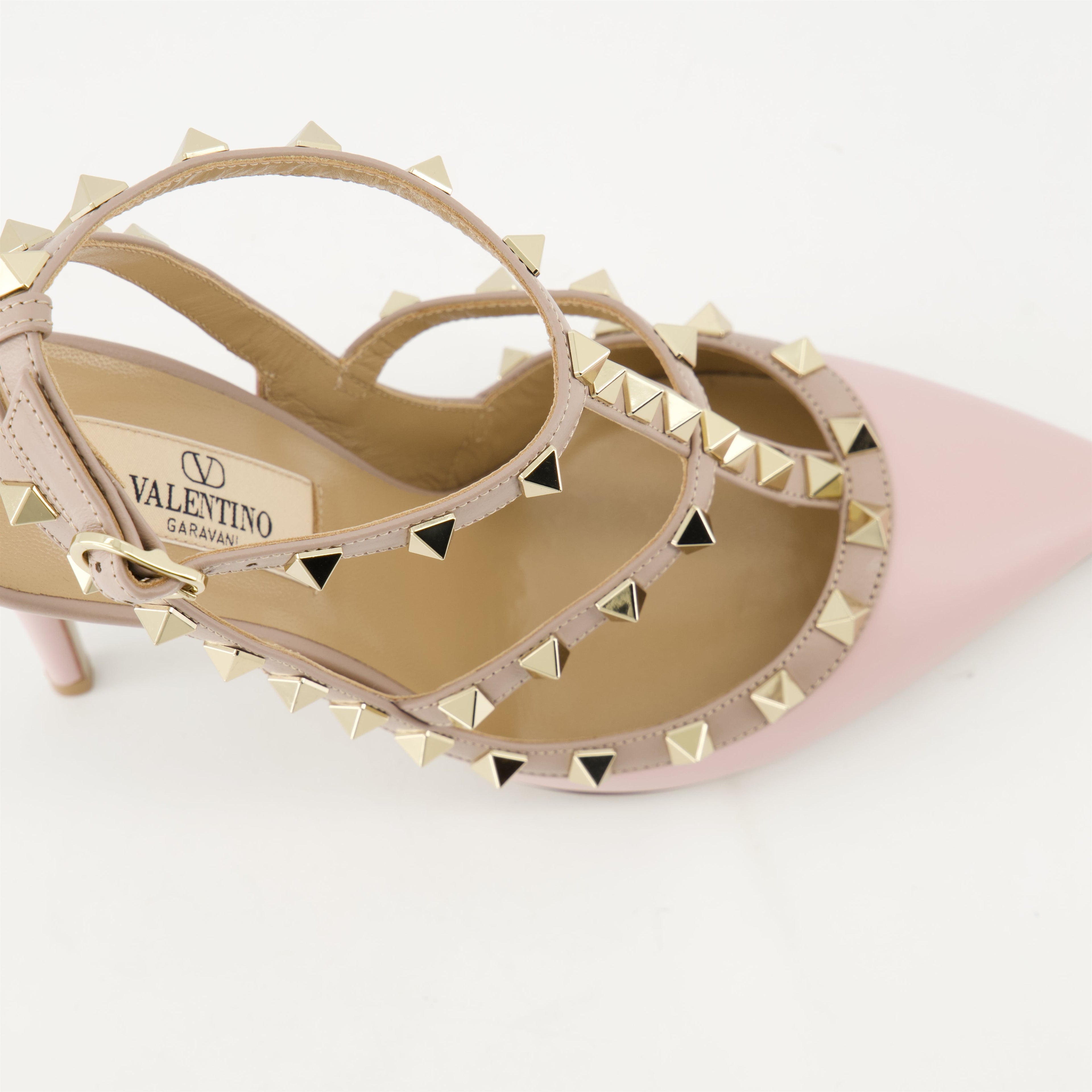 Rockstud heels, pink leather shoes, Valentino Garavani, elegant footwear, ankle strap heels