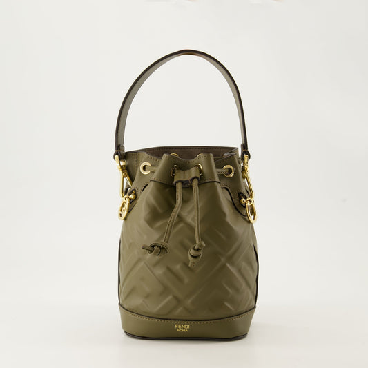 mini bucket bag, khaki leather bag, FF embossed bag, Fendi mini bag, adjustable strap bag