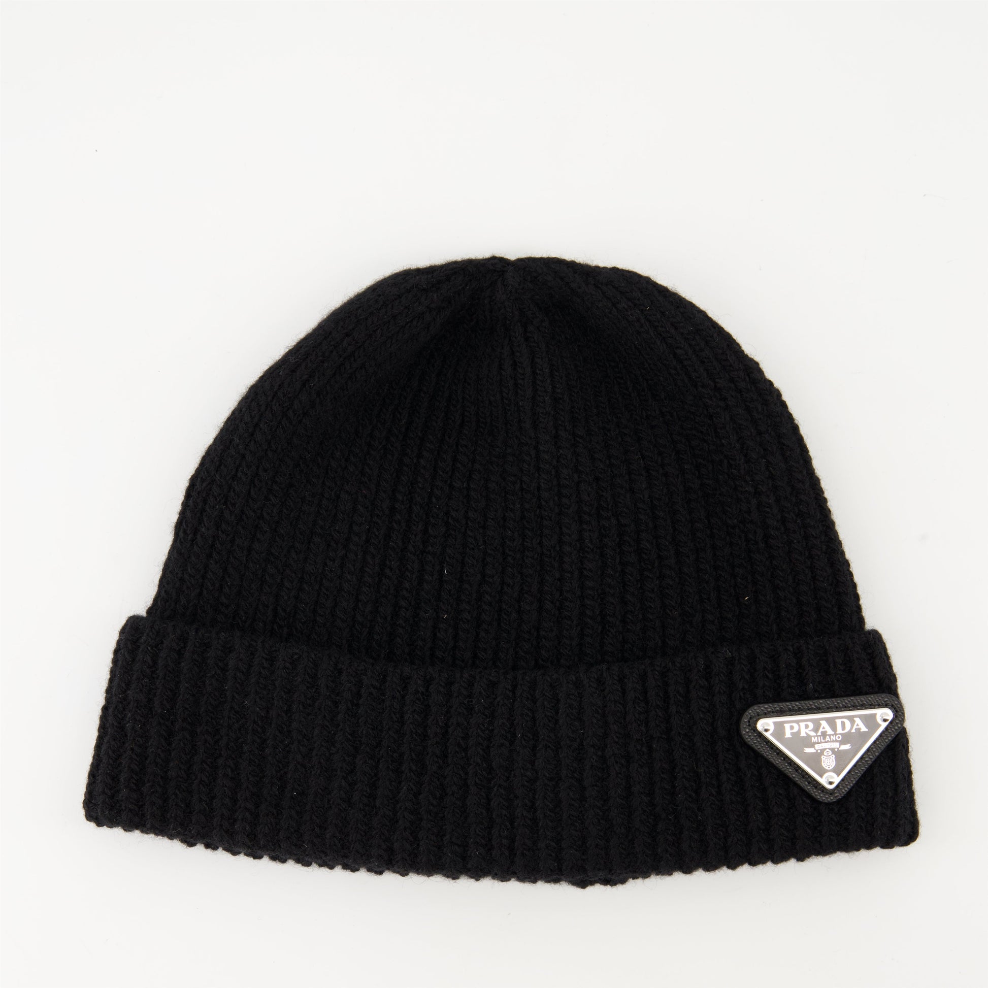 Prada beanie, black wool beanie, luxury beanie, ribbed wool hat, designer winter accessories