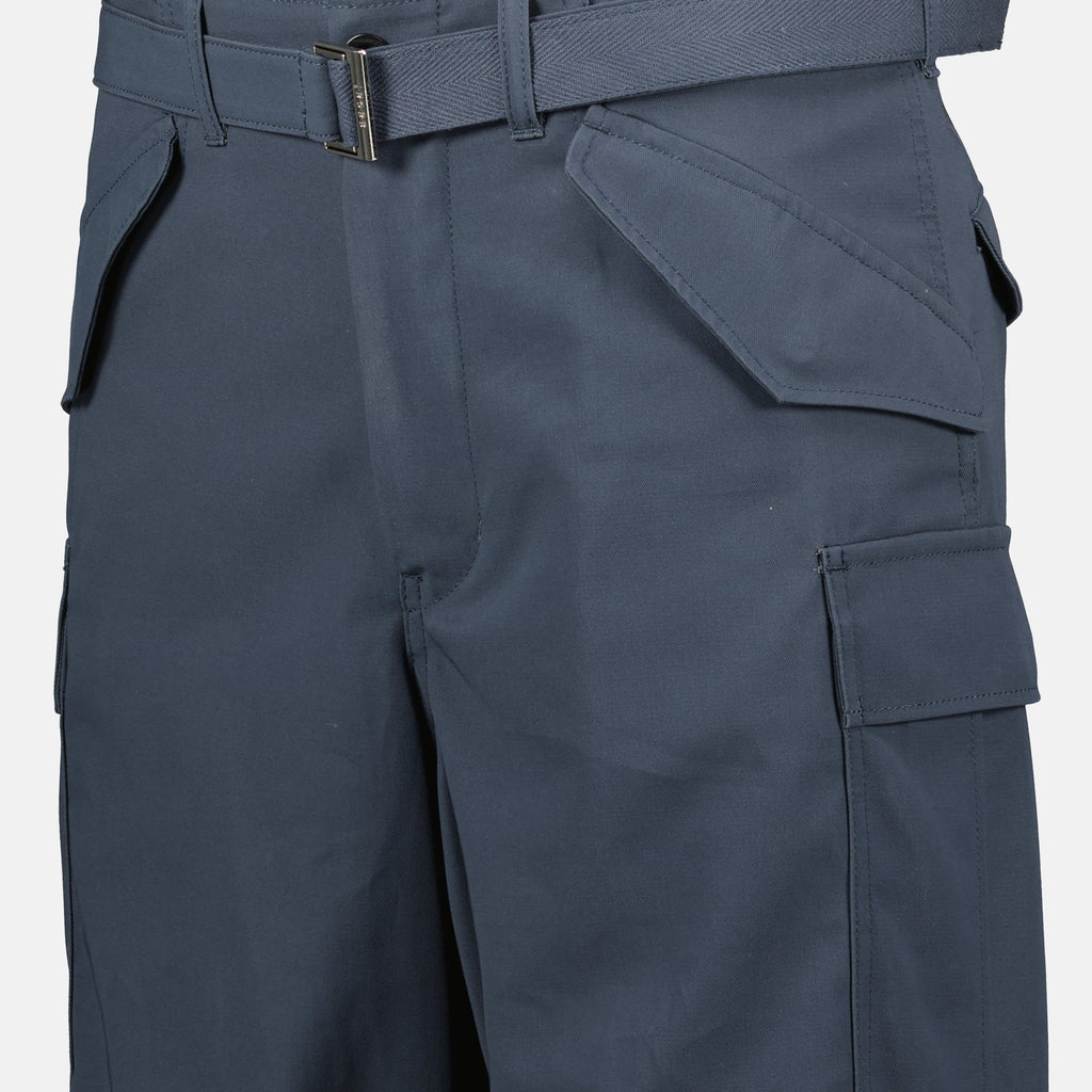 cotton cargo pants, wide fit trousers, Sacai, five-pocket design, adjustable waistband
