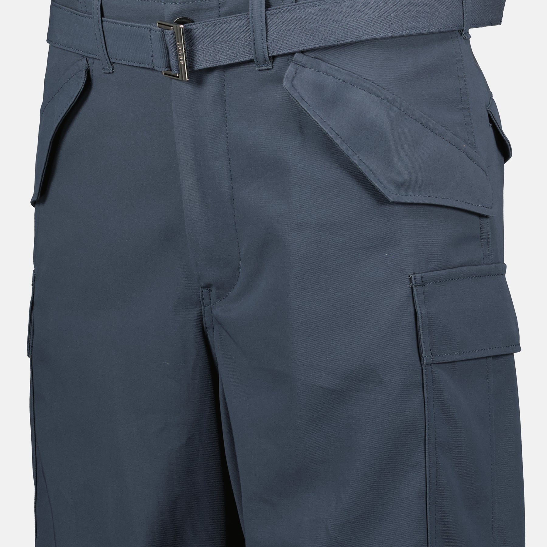cotton cargo pants, wide fit trousers, Sacai, five-pocket design, adjustable waistband