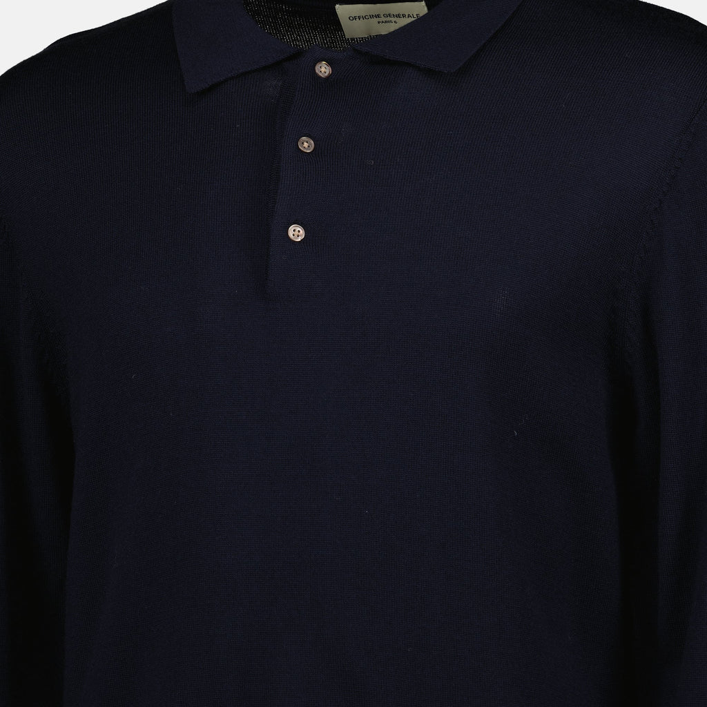 Brandon polo, Officine Générale, navy blue polo, long sleeve polo, wool polo
