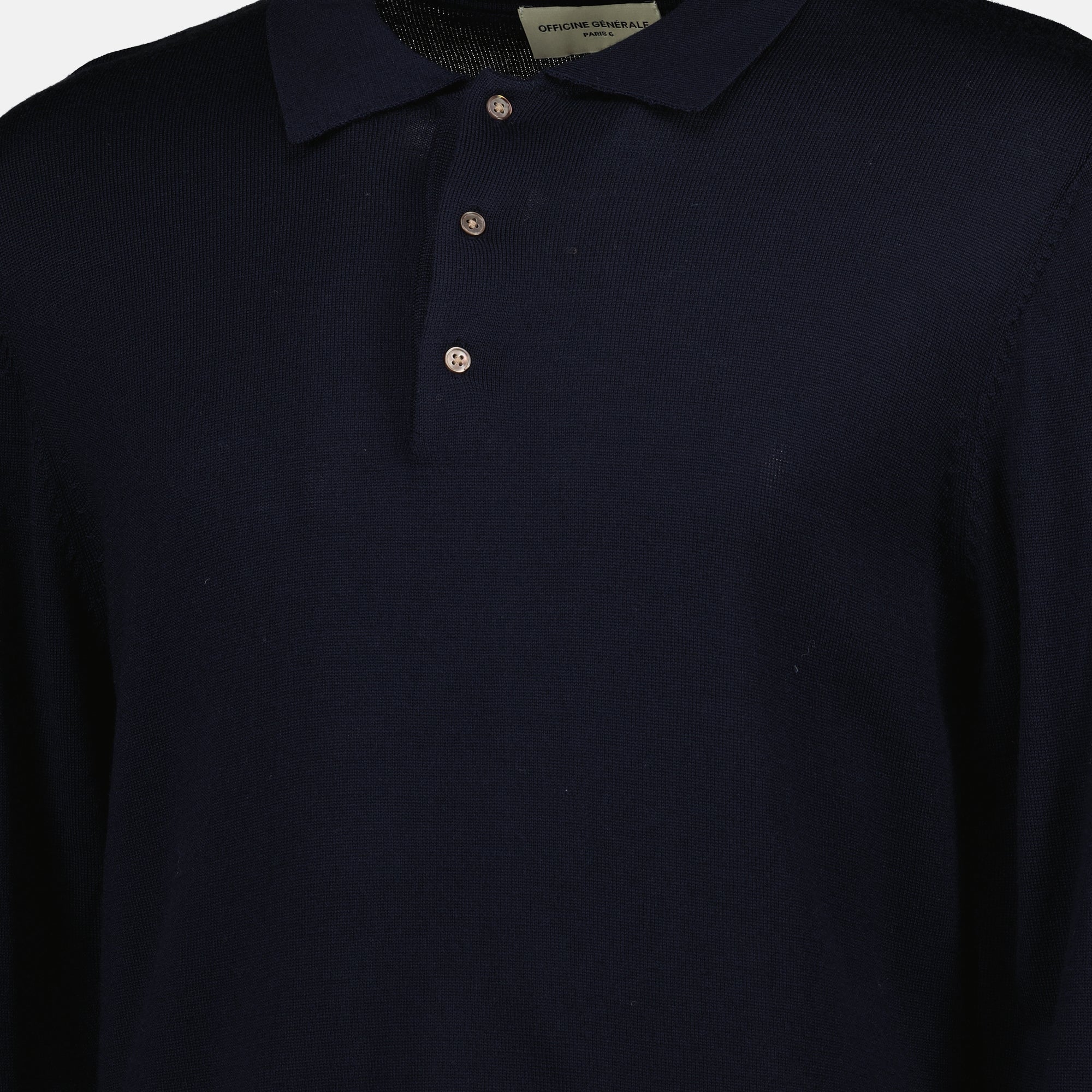 Brandon polo, Officine Générale, navy blue polo, long sleeve polo, wool polo