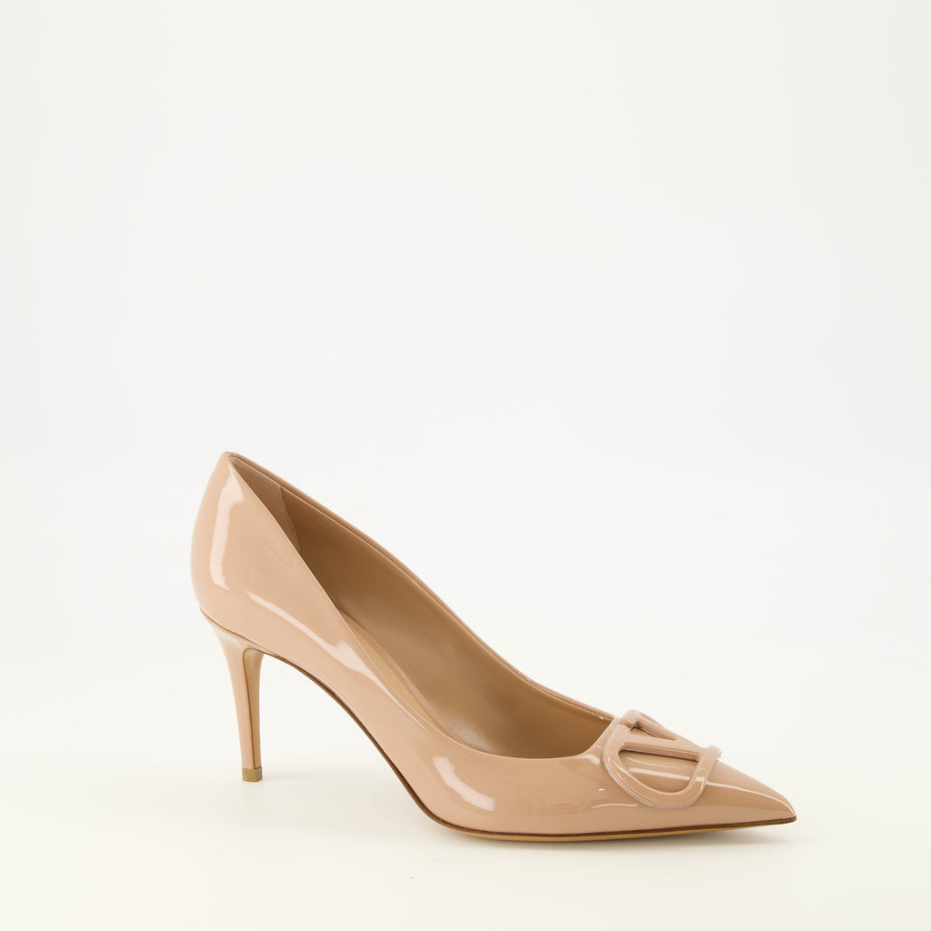 Beige Patent Leather VLogo Pumps