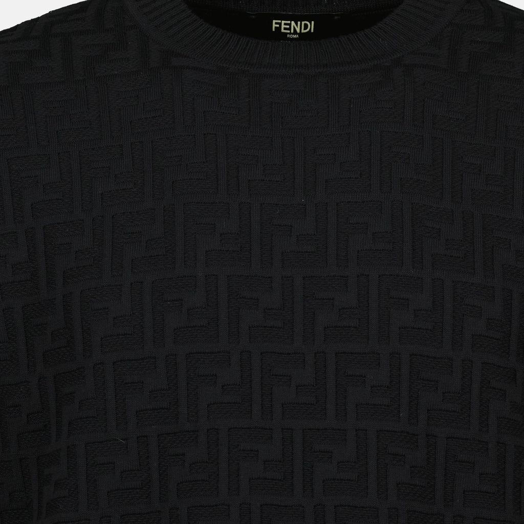 Fendi sweater, FF black sweater, ribbed knit sweater, logo print clothing, men's fashion