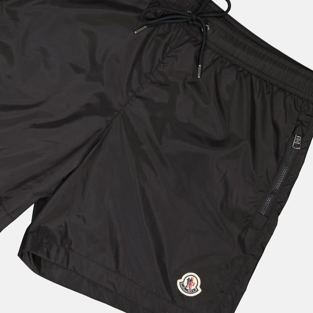 black swim shorts, Moncler swimwear, logo swim shorts, nylon swim shorts, luxury beachwear