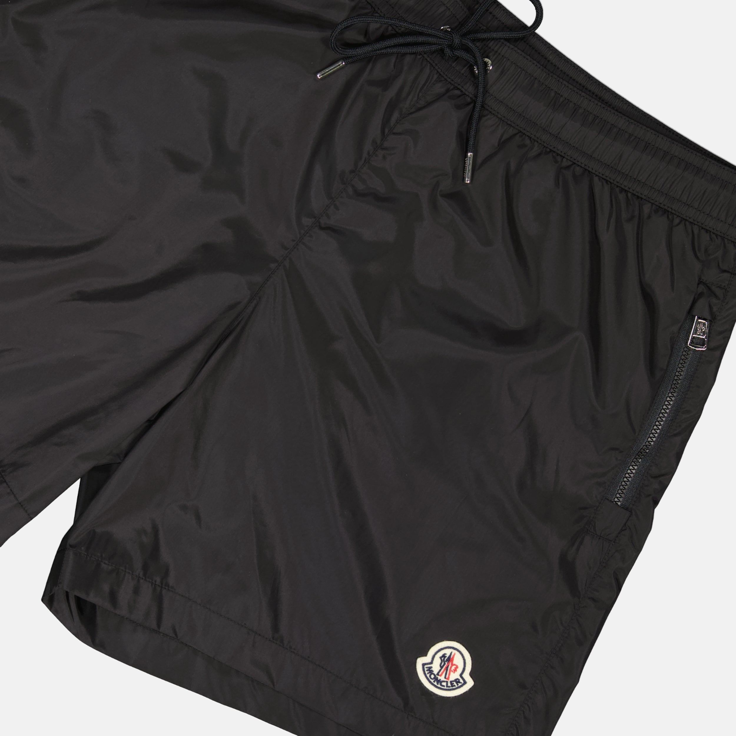 black swim shorts, Moncler swimwear, logo swim shorts, nylon swim shorts, luxury beachwear
