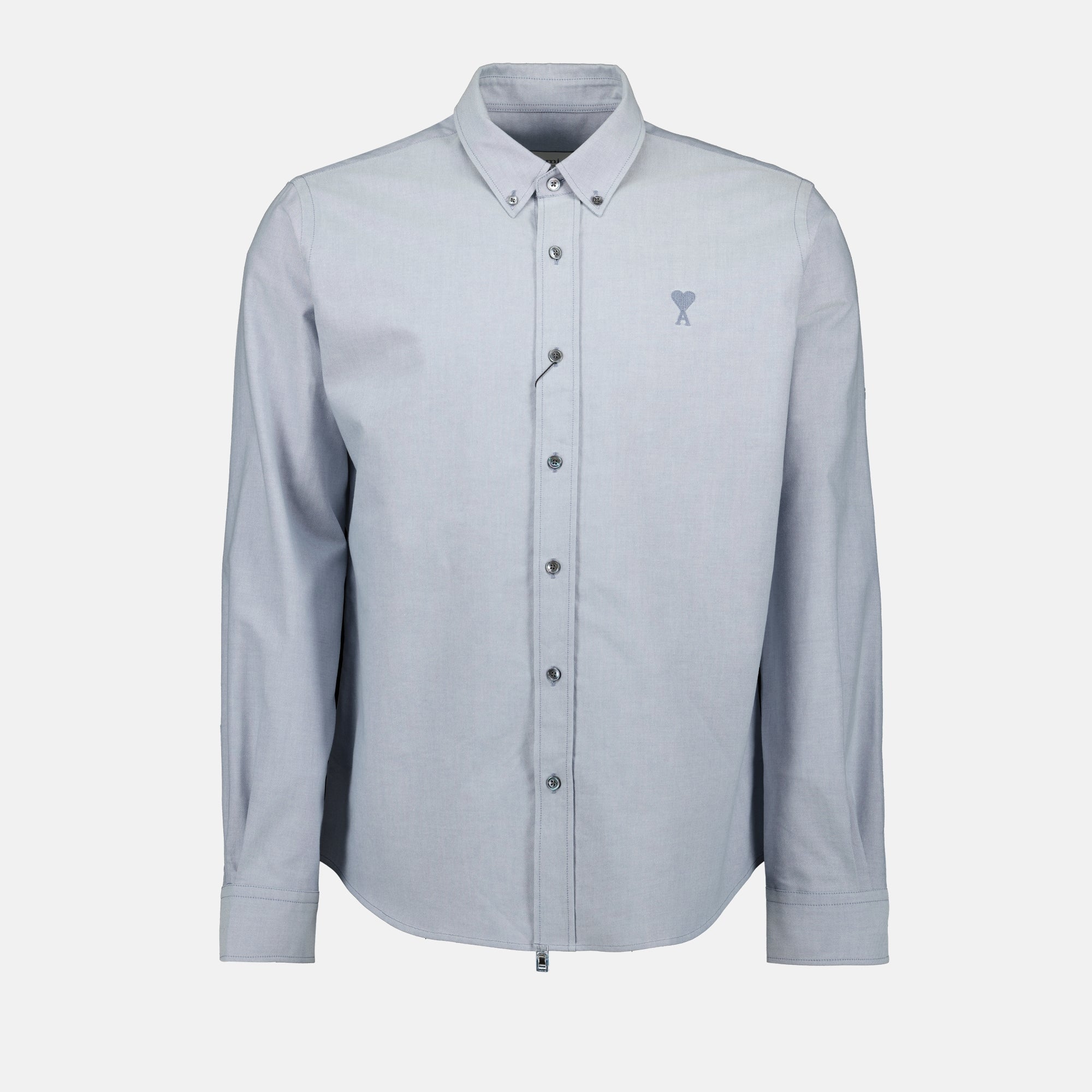 blue grey shirt, AMI PARIS shirt, unisex fashion, classic cotton shirt, heart icon shirt
