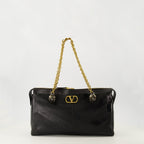 Image of Panthea Black Leather Bag by Valentino Garavani for Women - Season Autumn-Winter 2025 - Front View