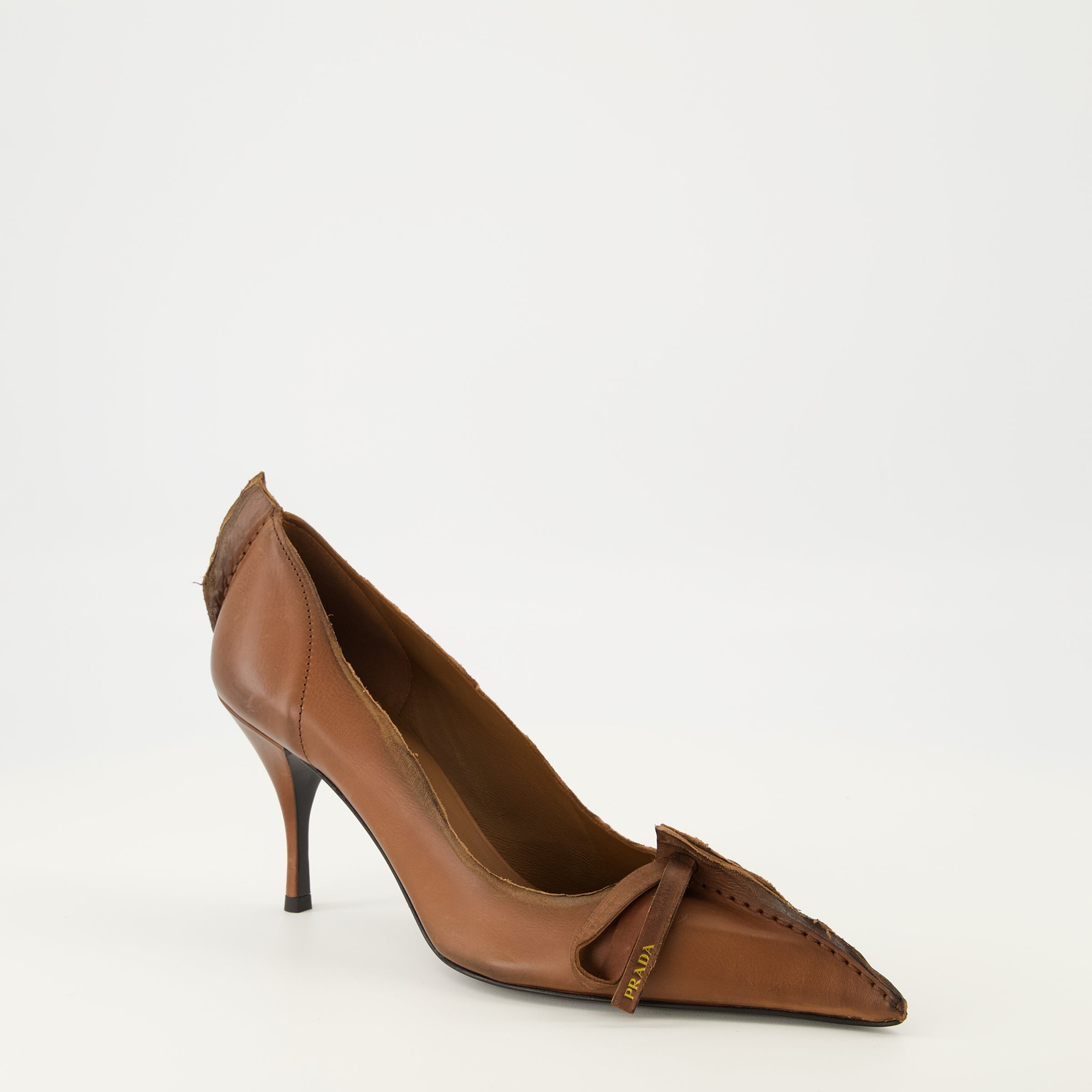 Prada, Brown Leather Pumps, Slip-On Shoes, Elegant Footwear, Leather Sole