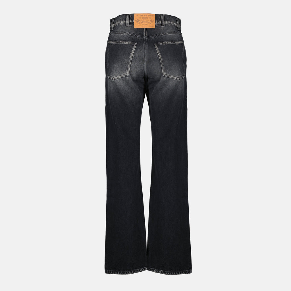 black denim jeans, Moschino jeans, straight cut jeans, five pocket design, denim fashion