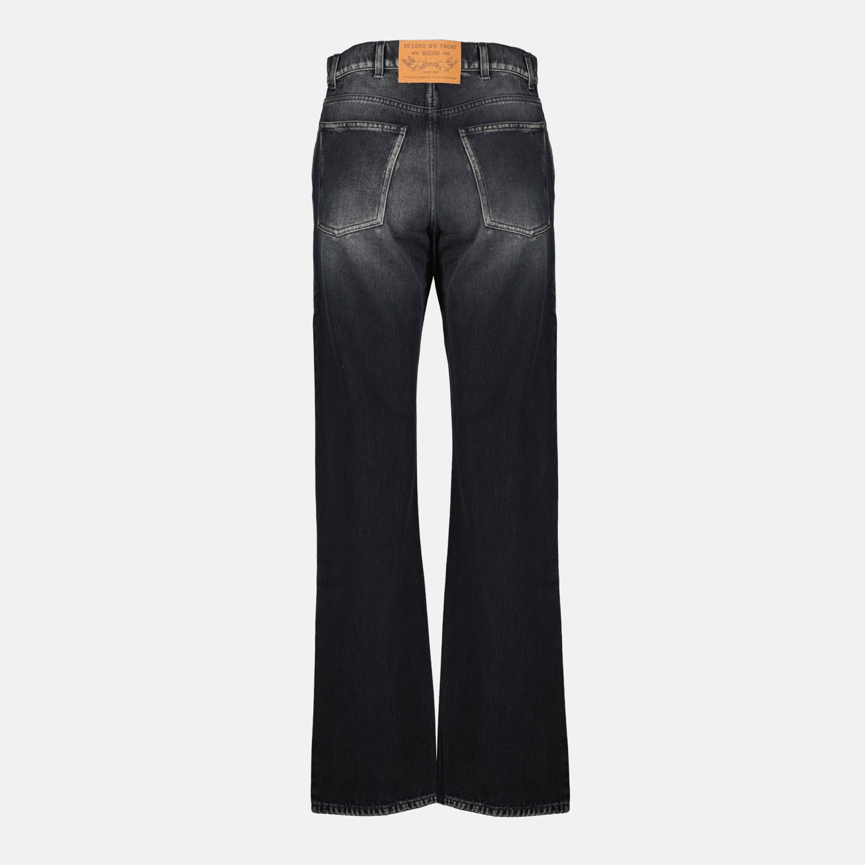 black denim jeans, Moschino jeans, straight cut jeans, five pocket design, denim fashion