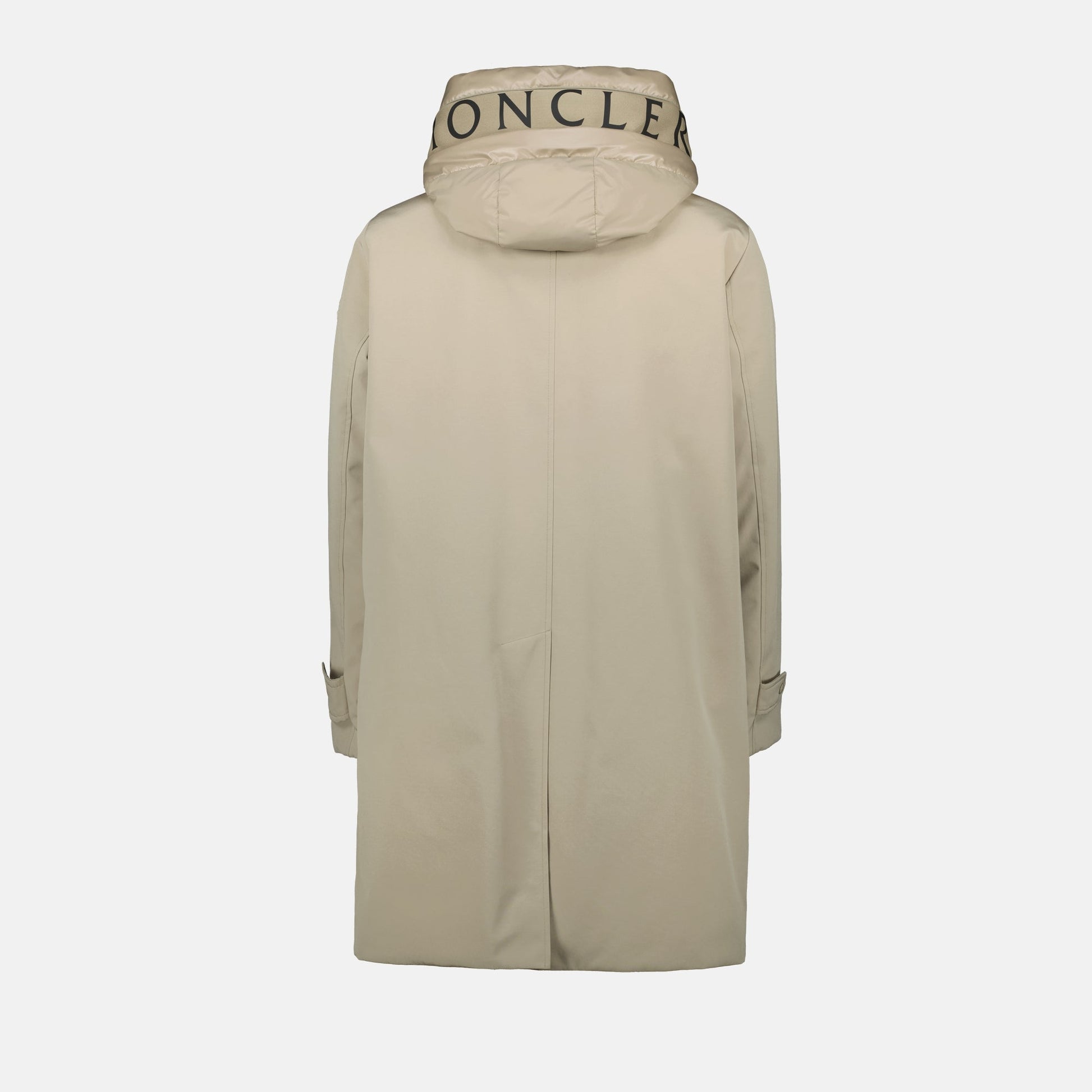 long beige coat, Moncler coat, spring summer collection, men’s outerwear, adjustable hood coat