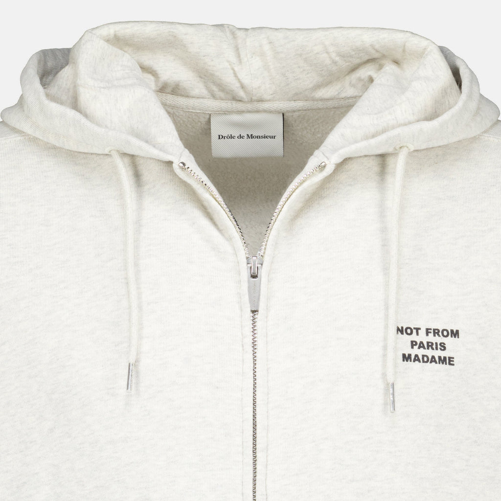 Sudadera gris con cremallera y eslogan