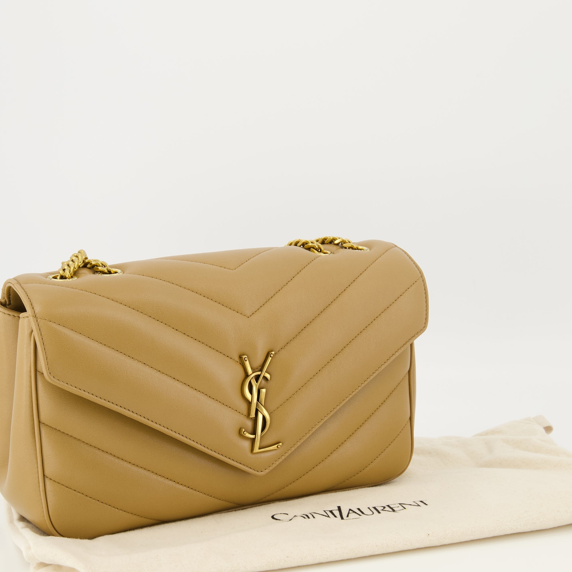 Medium Beige Loulou Bag, Saint Laurent handbag, luxury handbag, leather chevron bag, gold-tone chain handbag