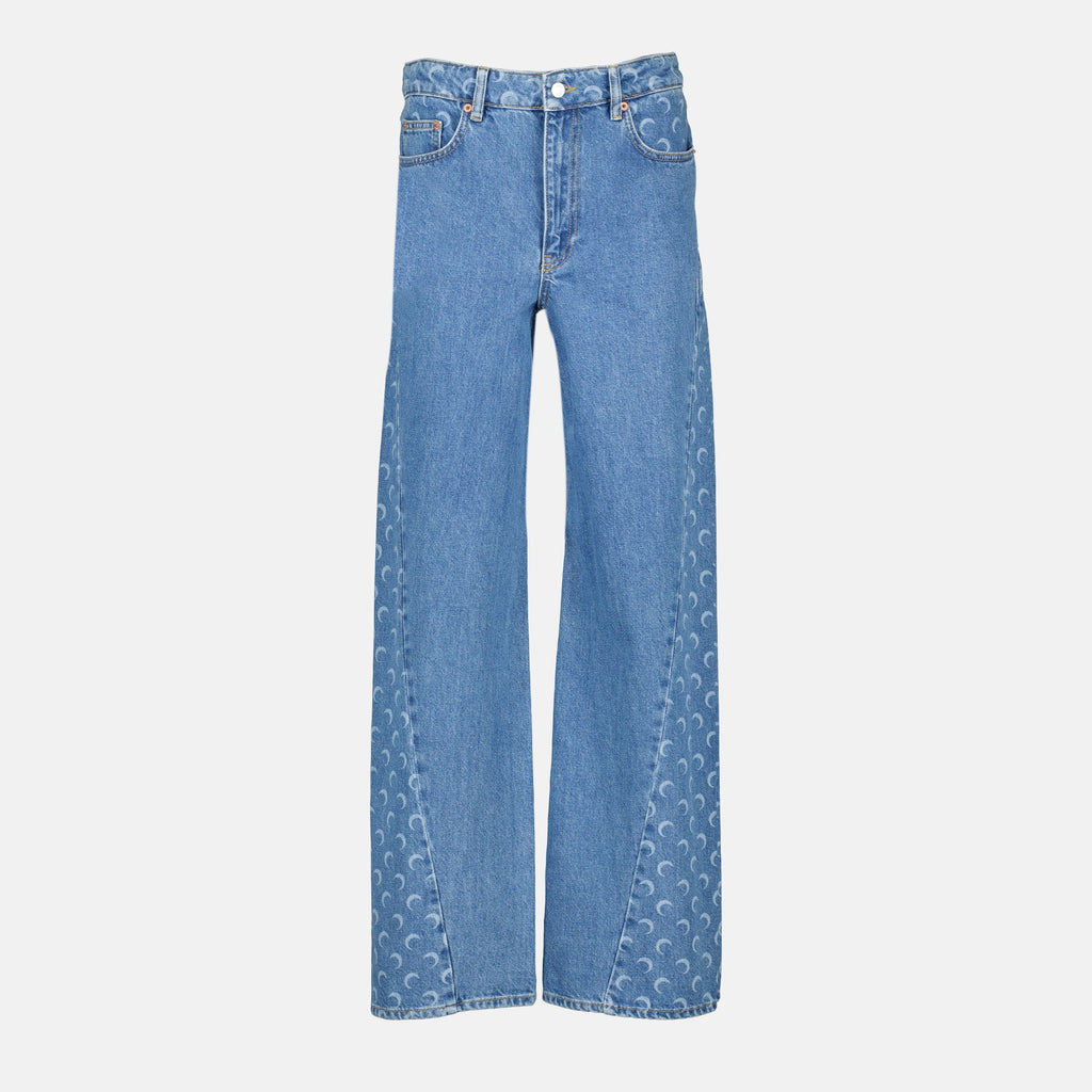 blue baggy jeans, Marine Serre denim, moon print jeans, five-pocket design, cotton pants