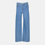 blue baggy jeans, Marine Serre denim, moon print jeans, five-pocket design, cotton pants