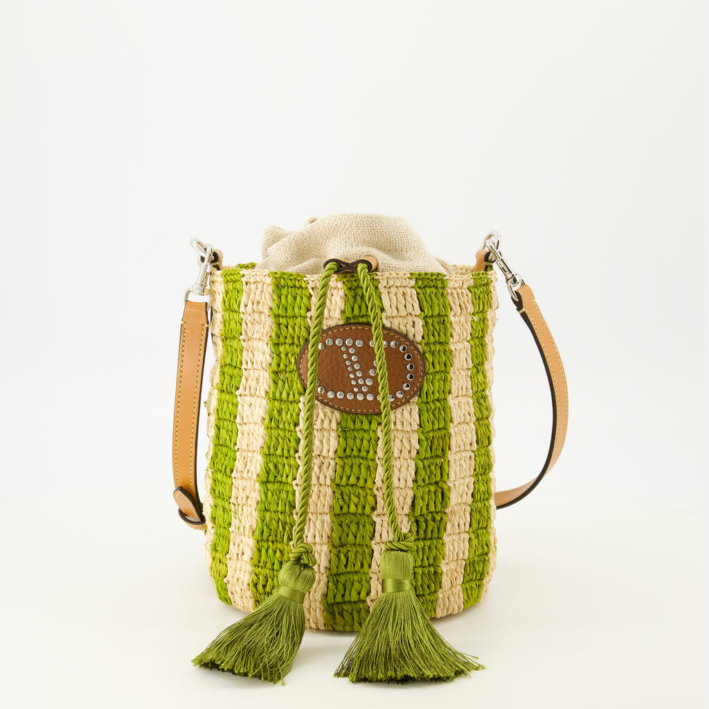 Piccola Borsa a Secchiello Striata Verde in Raffia