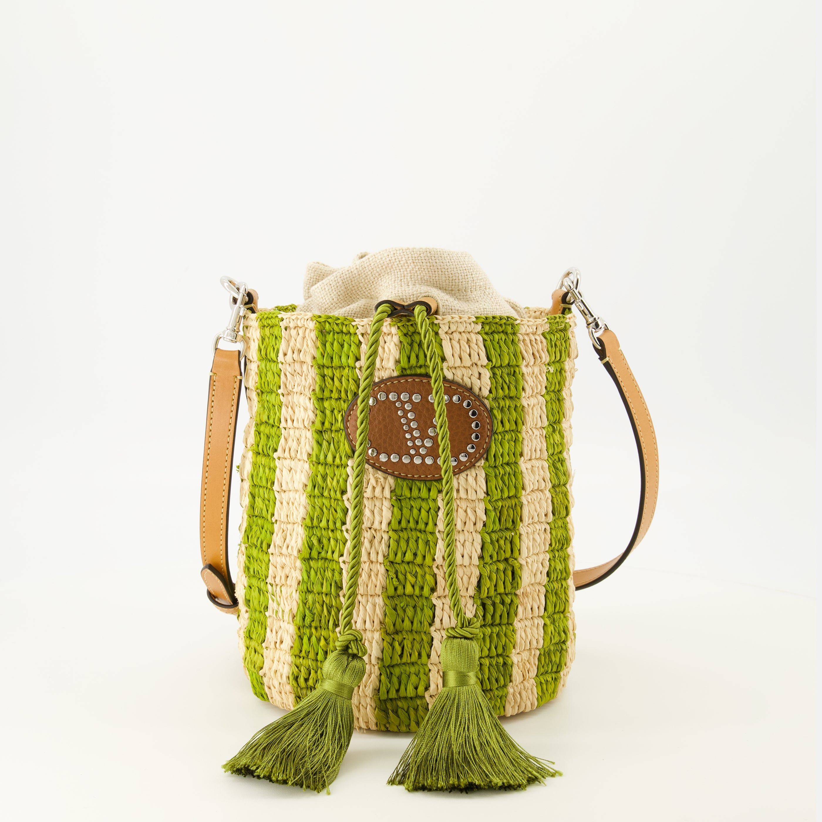 Piccola Borsa a Secchiello Striata Verde in Raffia