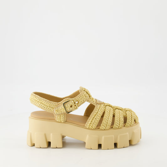 Beige raphia sandals, Monolith sandals, summer footwear, Prada sandals, adjustable ankle strap sandals