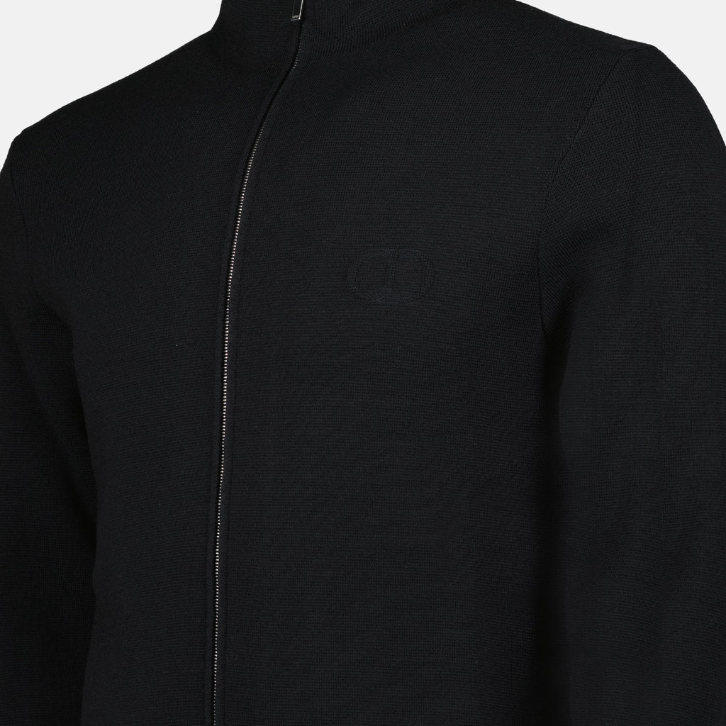 wool pullover, high collar, embroidered logo, zip closure, contemporary style