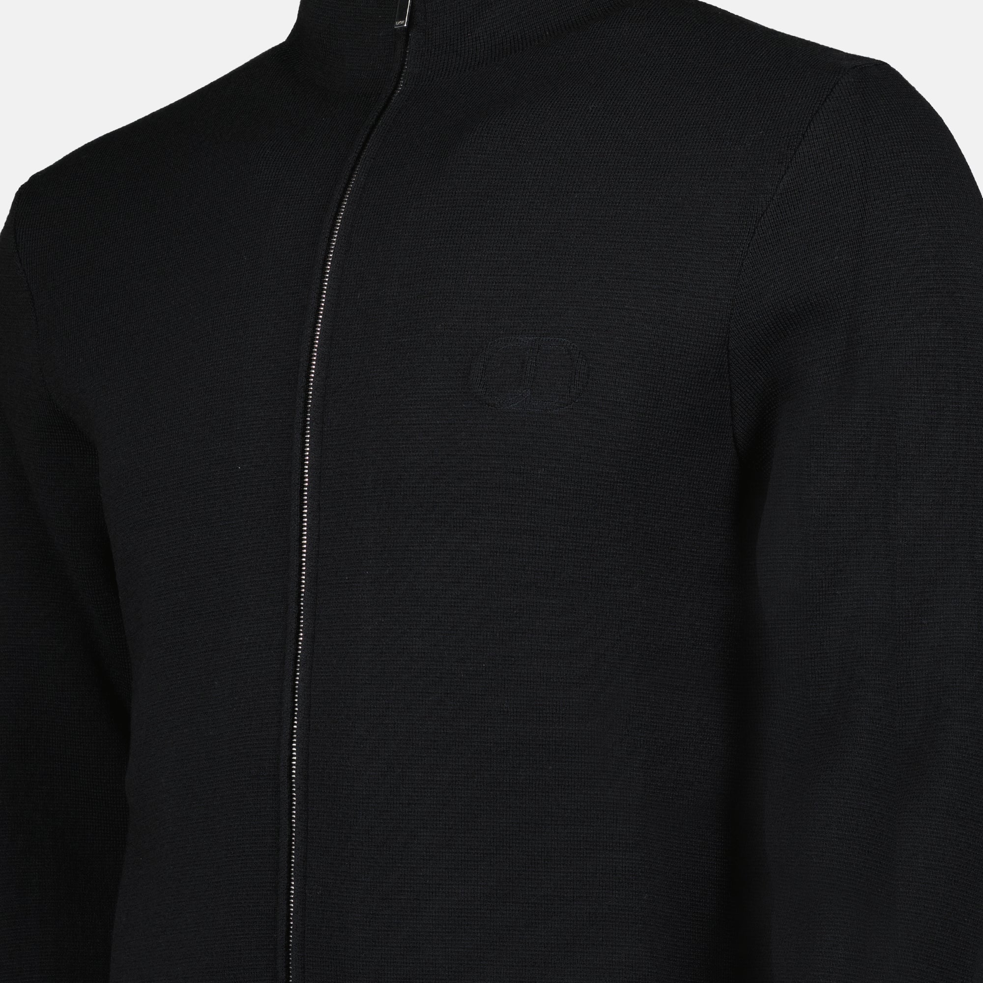 wool pullover, high collar, embroidered logo, zip closure, contemporary style