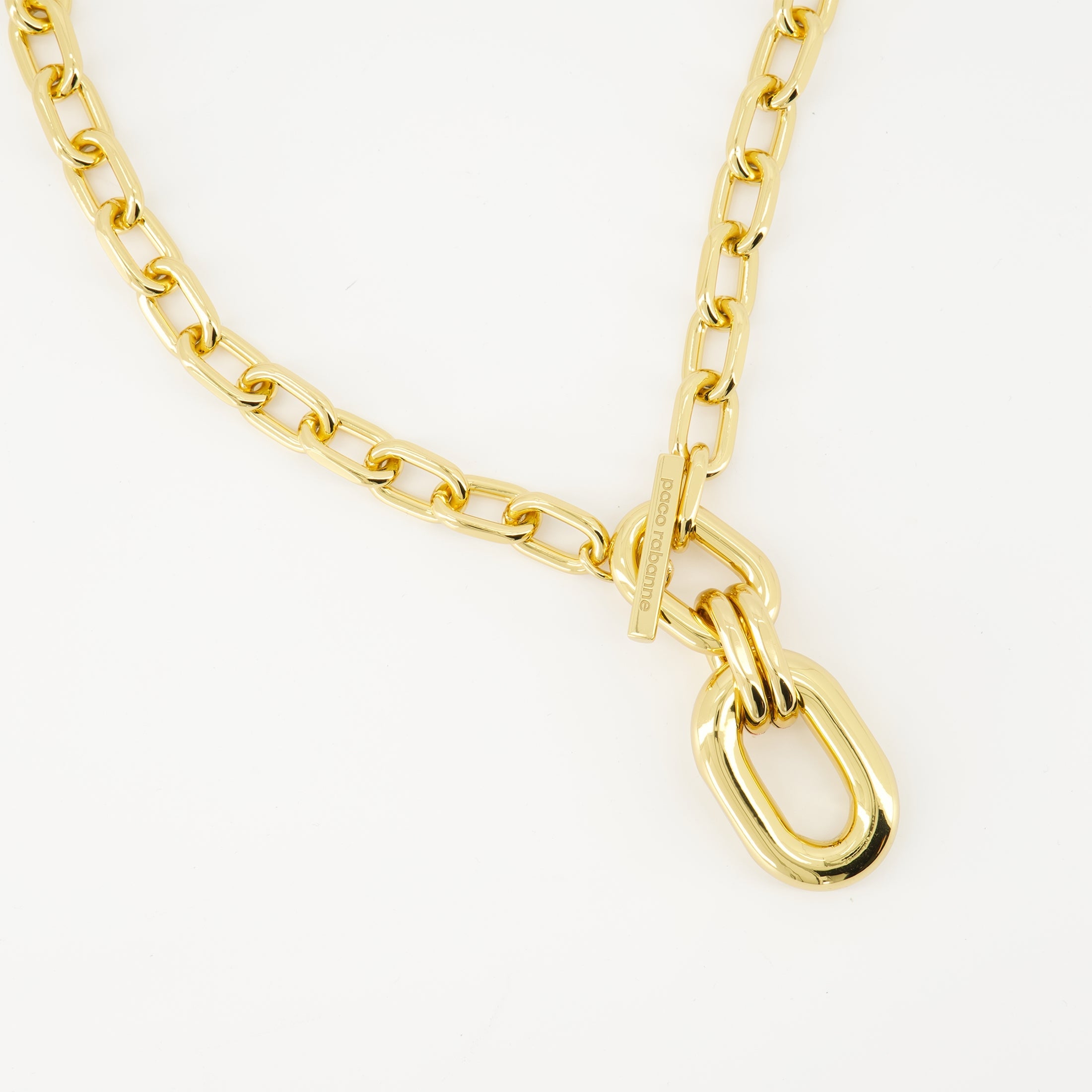 gold necklace, thick link chain, T-bar closure, Rabanne jewelry, Spring-Summer 2025