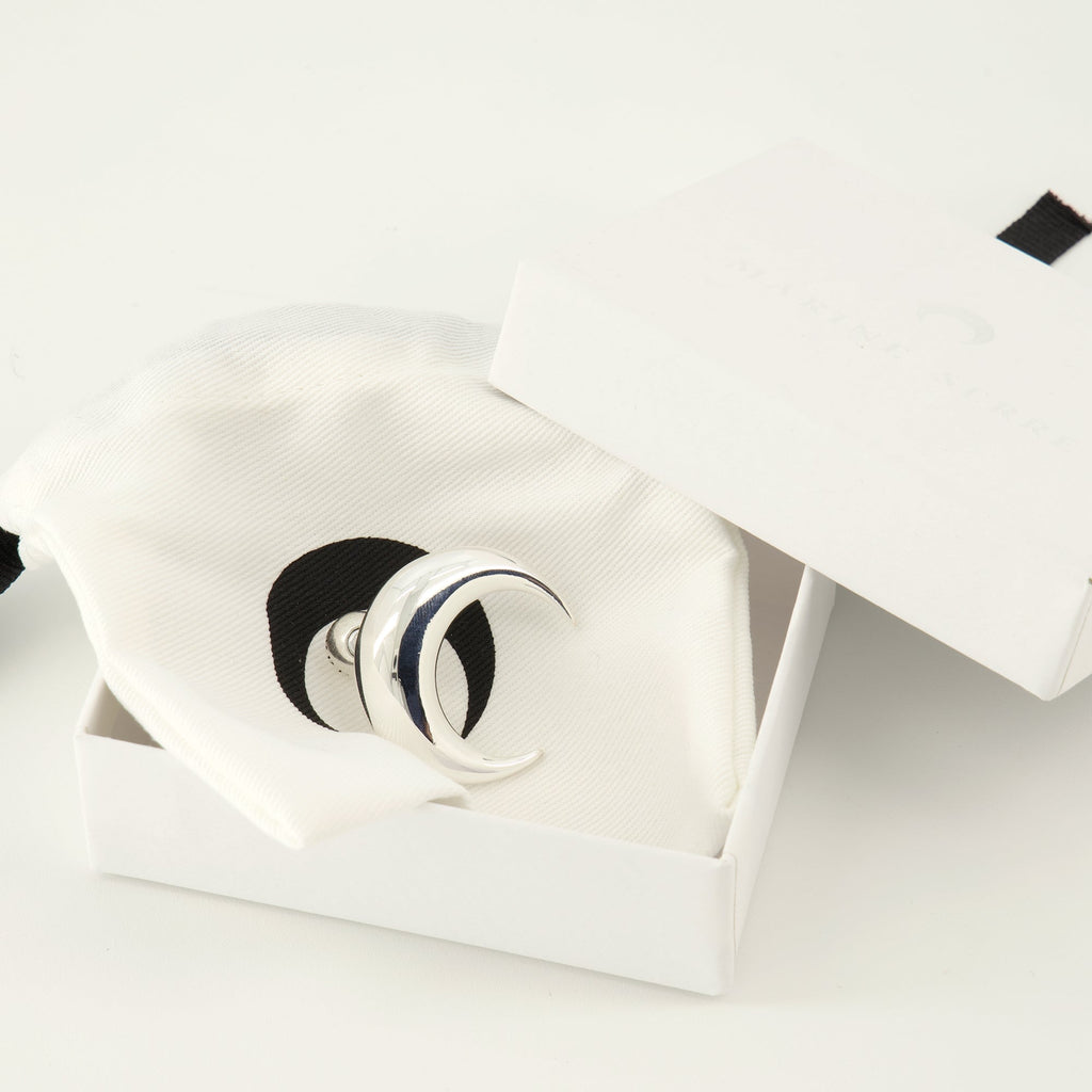 Moon Silver Earrings, Marine Serre Jewelry, Brushed Metal Earrings, Engraved Logo Accessories, Contemporary Jewelry