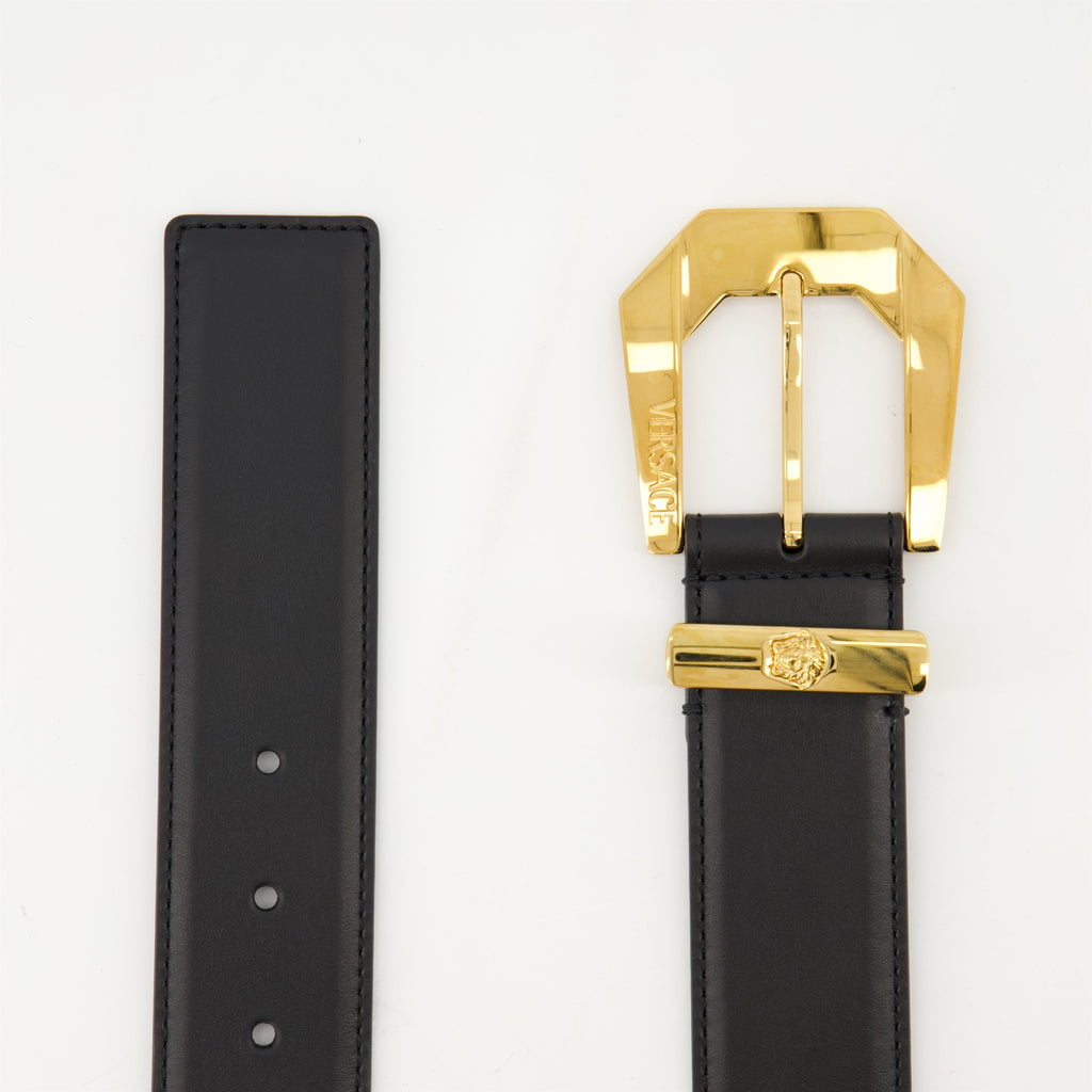 Medusa belt, leather accessory, adjustable belt, Versace leather, gold buckle belt