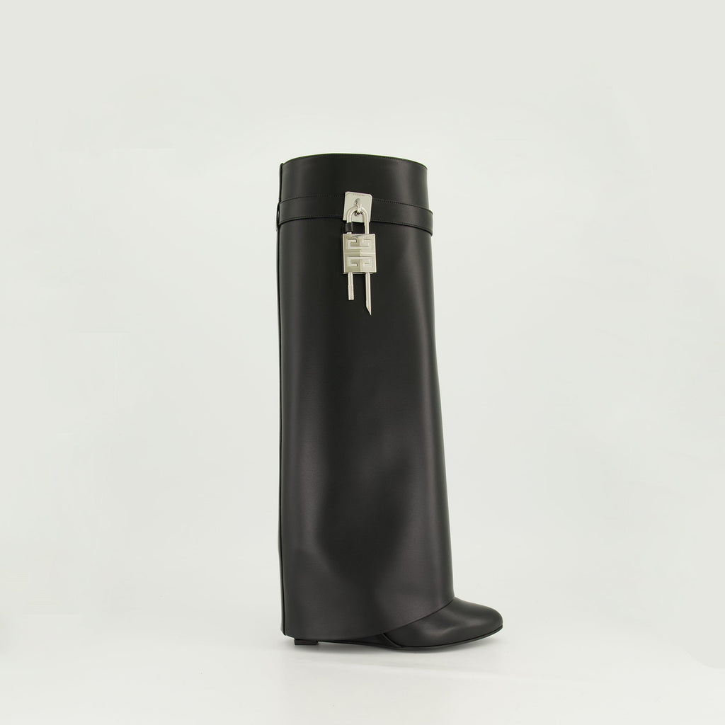 Givenchy Shark Lock boots, black leather boots, wedge heel boots, luxury footwear, designer footwear