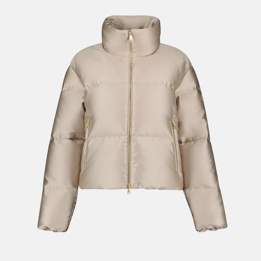 Moncler jacket, beige nylon jacket, gold detail jacket, women’s outerwear, 2024 fashion