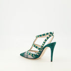 Imagem de sapatos de renda verde Rockstud da Valentino Garavani para Mulheres - Temporada Outono-Inverno 2025 - Vista traseira direita em três quartos